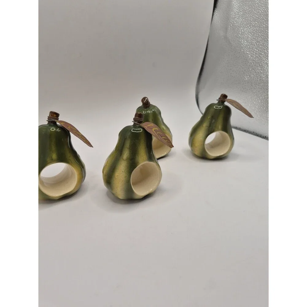 Set Of 4 Vtg Russ Pear Shaped Napkin Rings Holders Hand-painted Ceramic Fruit